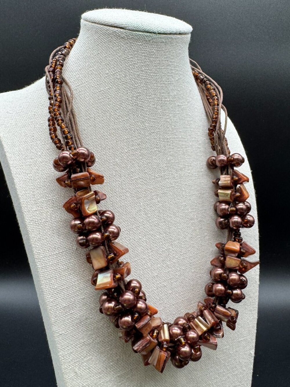 Beaded Necklace Brown Faux Pearls and Mother of Pearl Shells 18 inches